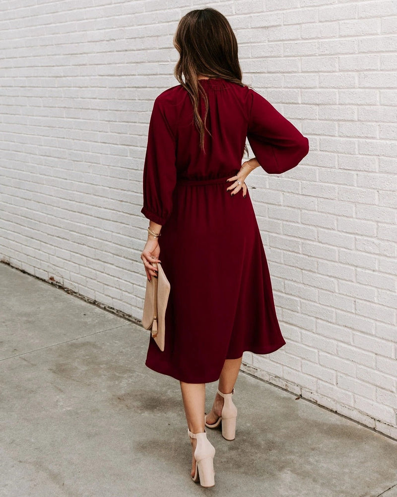 Office Dress Formal Loose Green Long Sleeve Belt A-line Midi Dresses
