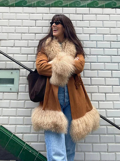 Suede and Fur Coat Plush Double Breasted Turn-down Collar Belts Thick Outerwear Warm Feather Overcoat