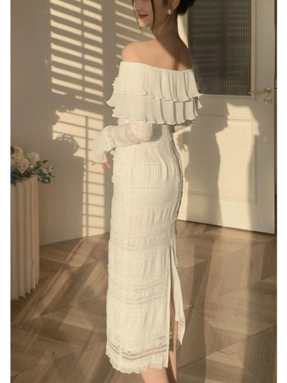 White Midi Dress Office Lady Long Sleeve Beach Party Bodycon Dress Summer One Piece Dress Korean