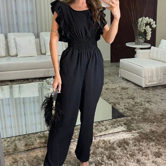 New Commute Ruffles Pencil Pant Playsuits O Neck Color High Street Jumpsuit Short Sleeve High Waist Romper