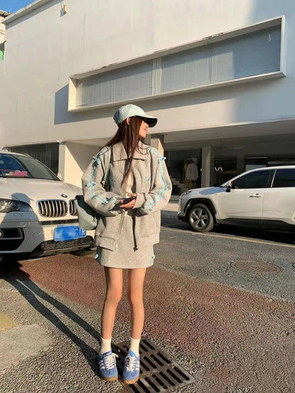 Spring Gray Two Piece Set Outfits Sports Style Plush Loose Zipper Hoodies Coat Aline Short Skirt Set