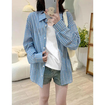 Korean Style Blue Plaid Single Breasted Shirt Spring Autumn Long Sleeve Loose Lapel Sunscreen Blouses