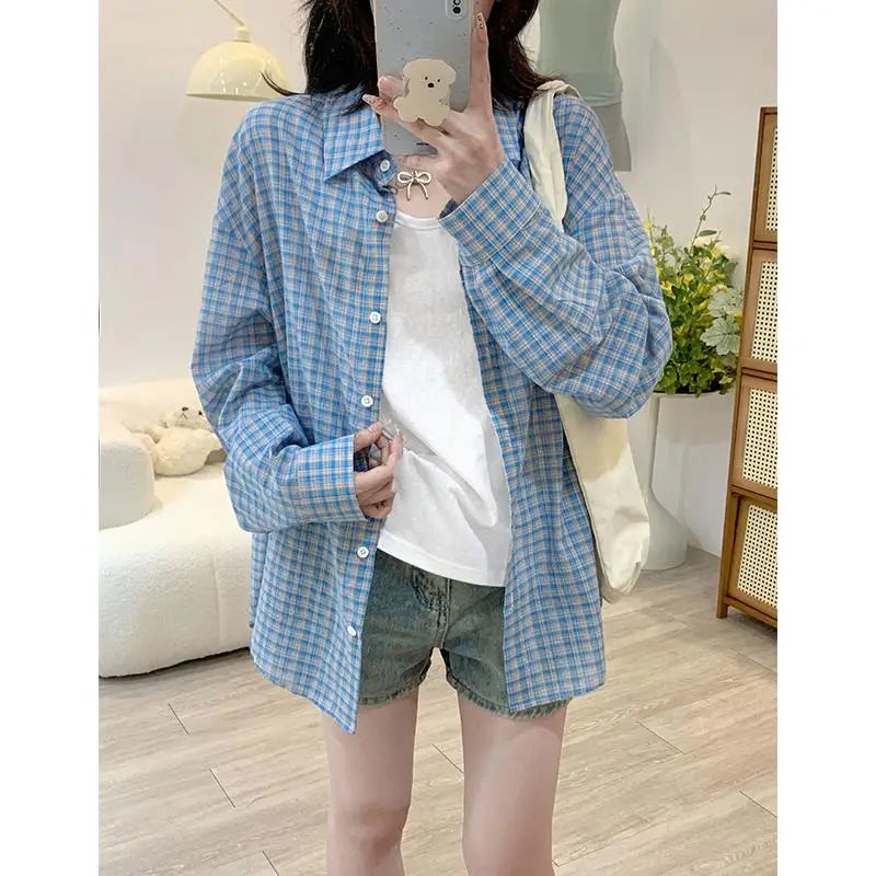 Korean Style Blue Plaid Single Breasted Shirt Spring Autumn Long Sleeve Loose Lapel Sunscreen Blouses