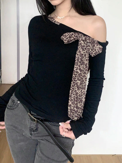 Design Skew Collar Leopard Lace-up Top Tees S Autumn Clothes Long Sleeve Slim Y2k Blouse New