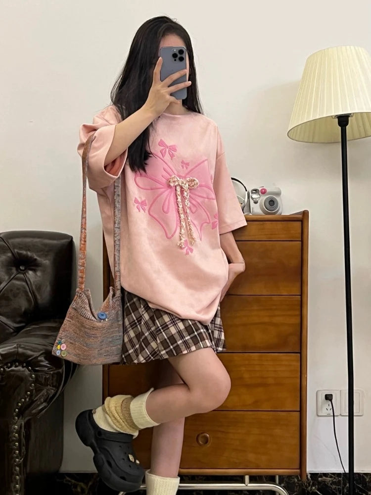 Kawaii Sweet Tshirts Retro Short Sleeve Y2k Blouse Tees Female Design Loose Shirts Japanese Style Summer