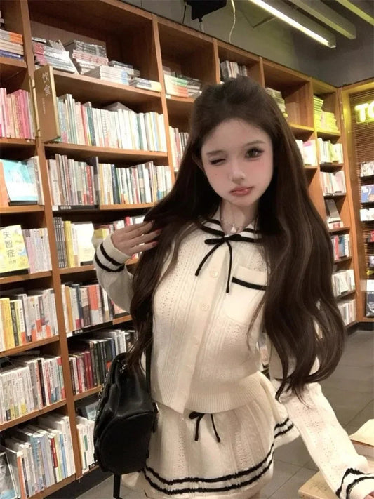 Two Piece Sets Bow Turn Down Collar Patchwork Cropped Cardigan Knitted Sweater Slim Stretch Mini Skirts Sweet Suits