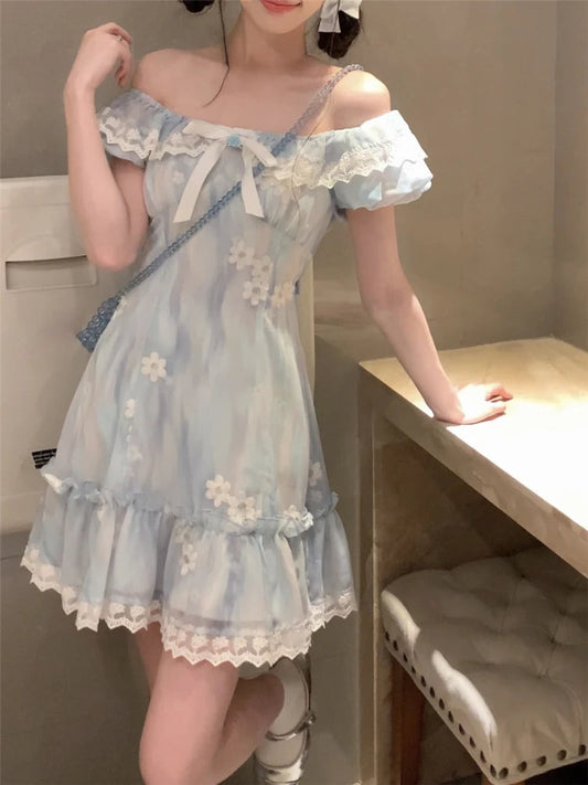 Sweet Kawaii Party Dress Lace Puff Sleeve Mini Dress Summer Korean One Piece Dress New