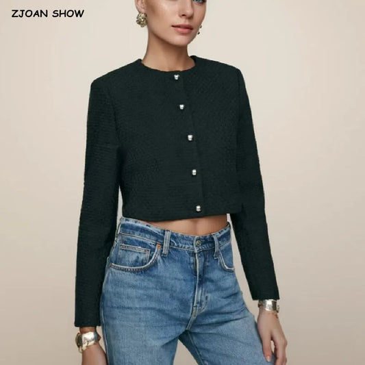 Autumn O Neck Soft Woolen Black Tweed Coat Cropped Silver Buttons Full Sleeve Short Blazer Jacket