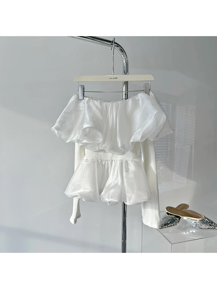 Sweet Chiffon Blouses Hot Slash Neck Thin Shirring Crop Top Office Lady Simple Daily Shirts Ins Y2k Design New Trend