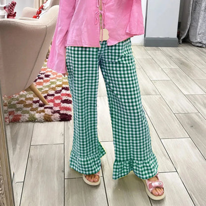 Preppy Plaid Wide Leg Pants Ruffles Hem Loose Fit Trousers Fairycore Elastic Waistband Lounge Pants Y2k Clothes