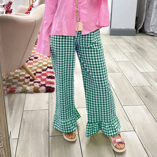 Preppy Plaid Wide Leg Pants Ruffles Hem Loose Fit Trousers Fairycore Elastic Waistband Lounge Pants Y2k Clothes
