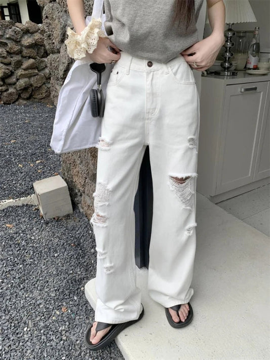 Basic White Ripped Jeans Jeans High Waisted Cowboy Pants Oversized Denim Trousers Y2k Hip Hop Clothes