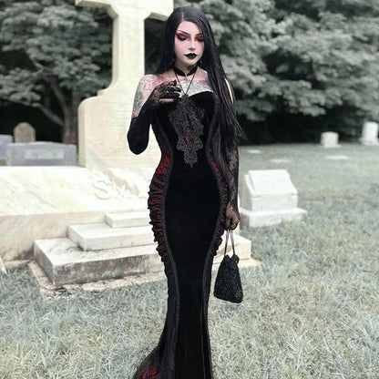 Dark Gothic Strapless Off Shoudler Dress for Halloween Costume Cinched Waist Slimming Wrapped Hip Fishtail Maxi Dress
