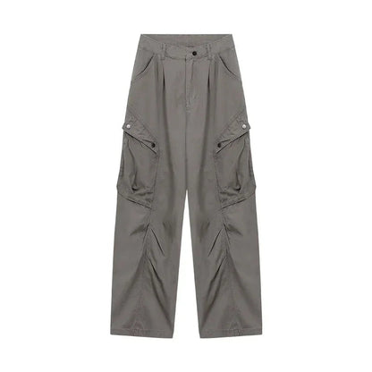 Pleated Pockets Straight Pants Spring New Korean High Waist All Match Loose Cargo Pants