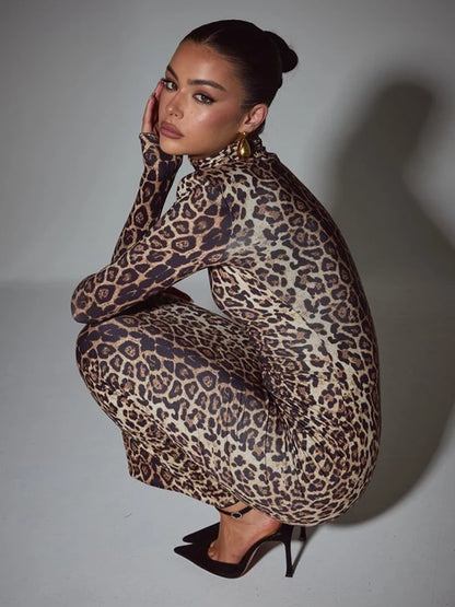 Leopard Print Long Sleeve Maxi Dress for Autumn Winter Turtleneck Printed Bodycon Long Dress