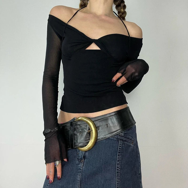Stylish Cut Out Front Black Top for Mesh Long Sleeve V-neck Halter T-shirt Autumn Fitted Tees