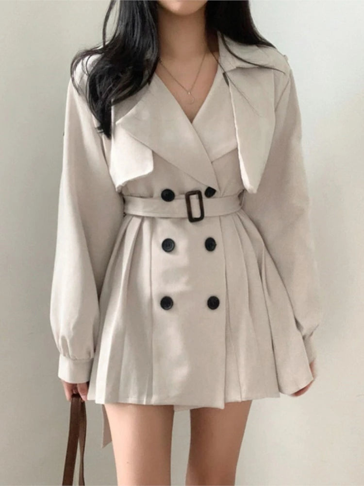 Autumn Korean Trench Coat Pleated Dresses for Belt Turn-down Collar Double Breasted Female Vestidos New