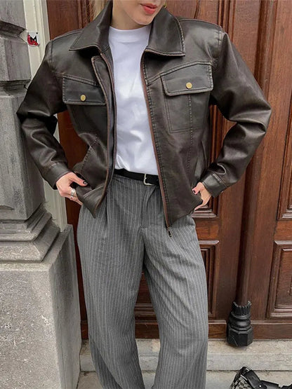 Lapel With Packet Pu Leather Jacket Long Sleeve Zipper Buttons Short Coat Lady New Highstreet Outwear