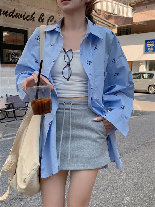 Printed Blue Shirts Autumn Daily Mujer New Loose High Street Full Sleeve Office Lady Coats