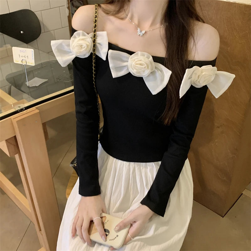 Sweet Hot Girl Off Neck Longsleeved Sweater Autumn Threedimensional Flower Knitted Sweater Female Clothes
