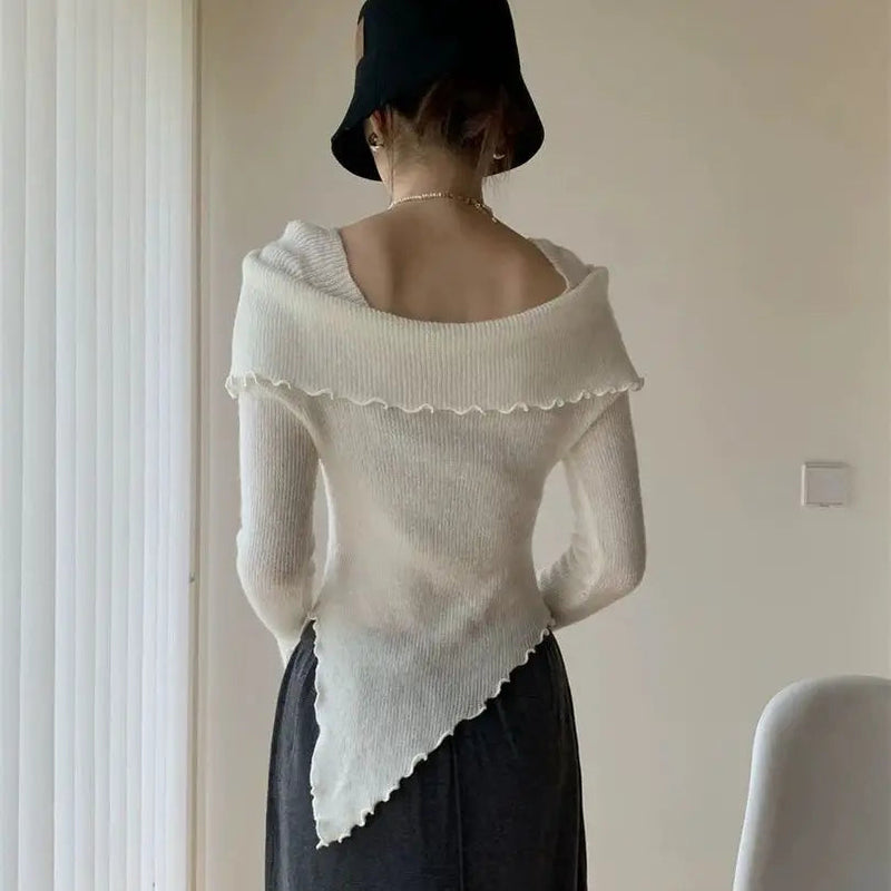 Sweet Hot Girl Threedimensional Flower Knitted Sweater for Autumn Off Shoulder Slim Fit Base Sweater Female Clothes