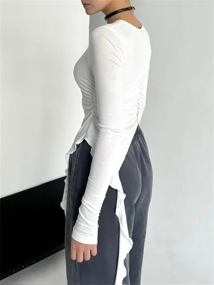 White Knit Slim T-shirt Pullover Female Ruffled Patchwork See-through Long Sleeve Y2k Inner Top ’s Knitwear Tee