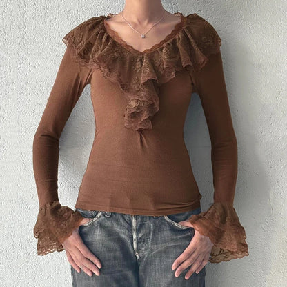 Lace Ruffles Neck Brown T-shirt Y2k Long Sleeve Fitted Top Stylish 2000s Tee Fall