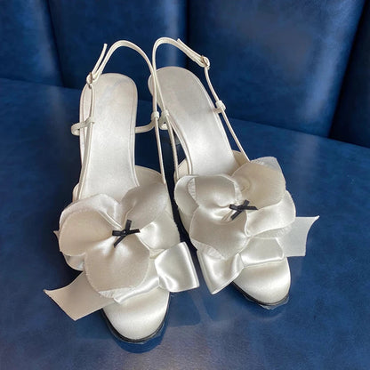 White Flower Sandals Round Toe Black Bow Detail Hollow Slingback Buckle Stiletto Heels Summer Party Dress Shoes