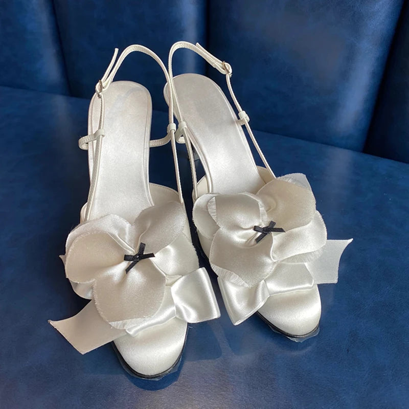 White Flower Sandals Round Toe Black Bow Detail Hollow Slingback Buckle Stiletto Heels Summer Party Dress Shoes