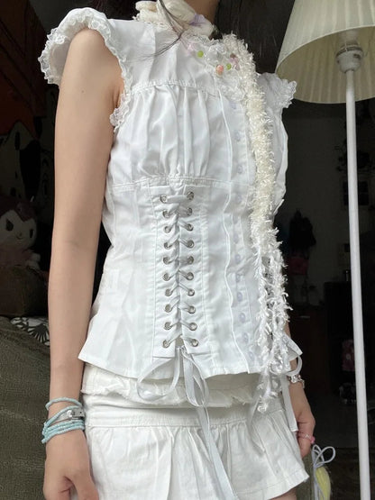 Fungus Flying Sleeve Shirts Slim Waist Lace Up Vest Blouses Y2k Grunge Single Breasted White Blusas Mujer