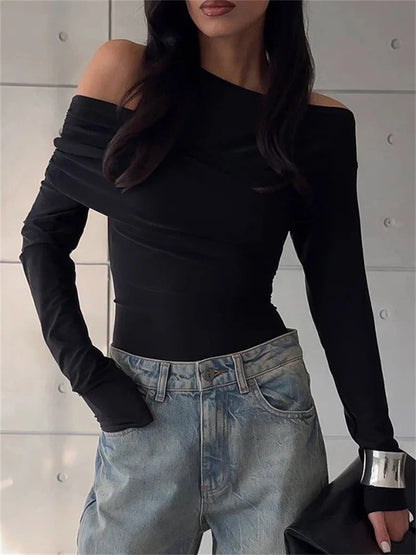 Black Off-shoulder Long Sleeve T-shirt for High Waist Autumn Slim Pullover Top Y2k Tee Top