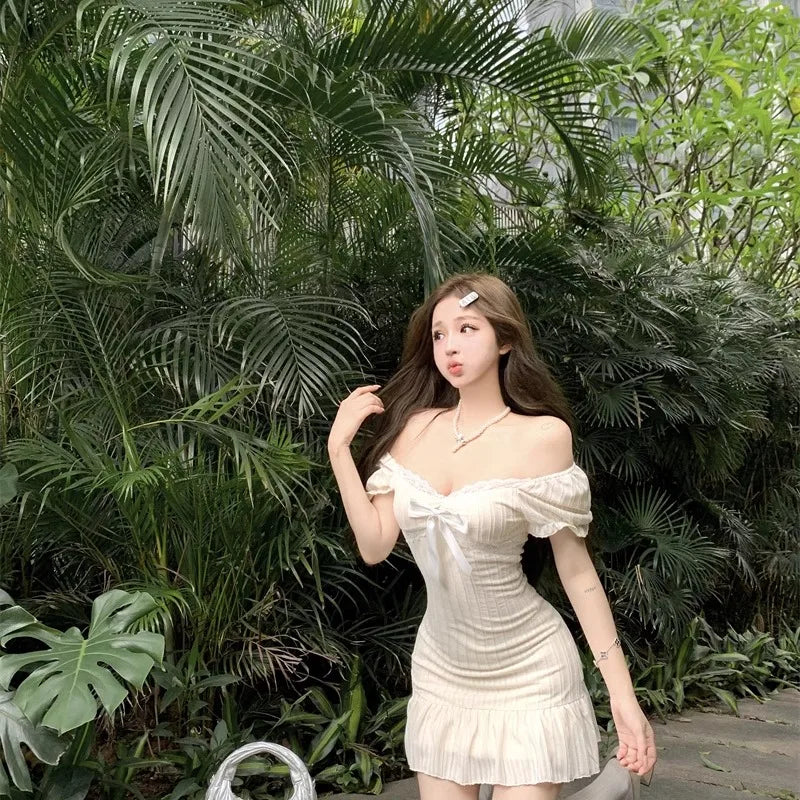 Ruffles Puff Sleeve Mini Dresses Y2k Spring Summer Vestidos Mujer Korean Bows Dress