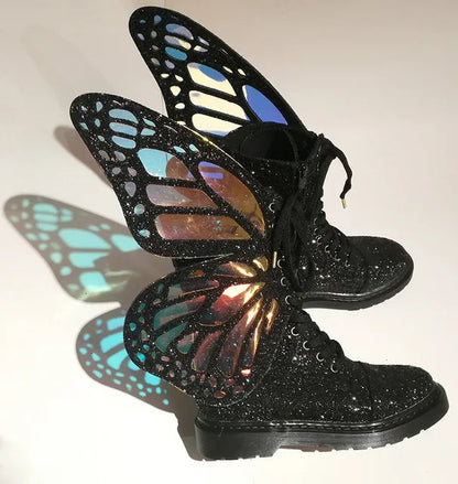 Shine Silver Real Leather Flat Sneakers Butterfly Wings Shoes Lace Up Ankle Boots Hightop Leisure Platform Shoes