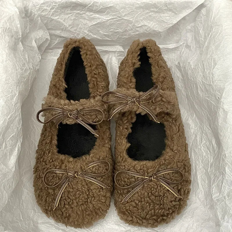 Autumn Winter Ballet Loafer Flat Shoes Female Flats Loafers Fur Round Toe Brand Design Teddy Outdoor Shoes