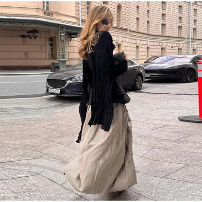 Autumn Print Trousers Elastic Waist Foot Binding Dropped Pants Wide Leg Pleated Lady Patchwork New