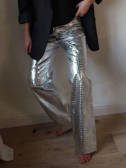 Silver Pu Pants Autumn Winter High Waist Loose Straight Trousers Party Y2k Girl Pants Trousers
