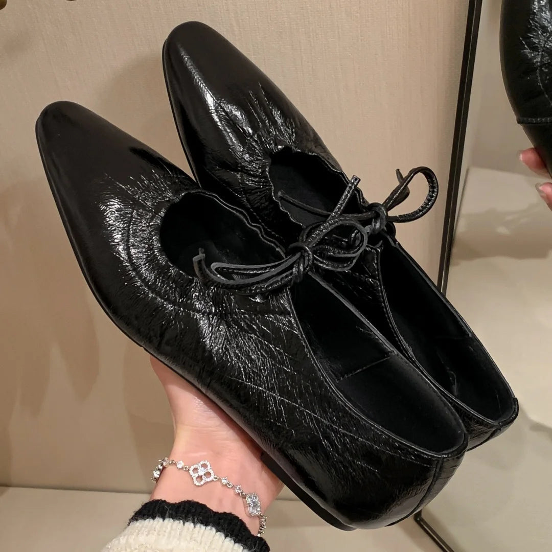 Genuine Leather Pleated Laceup Ballet Flats Round Toe Soft Comfortable Ballerinas Shoes for New