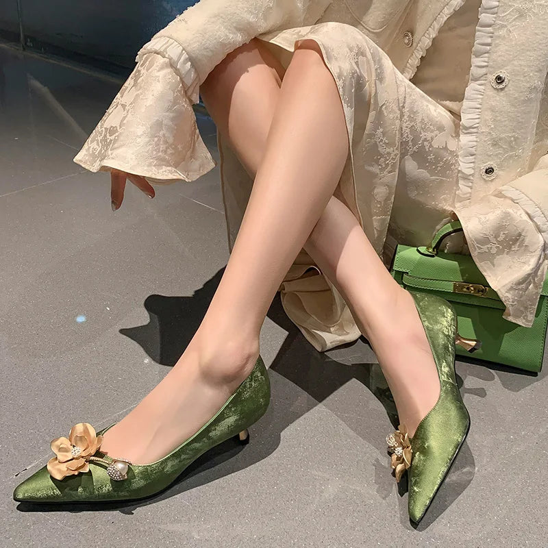 Pointy Toe Golden Flower Pumps Middle Heels Classic Slip on Rhinestone Ball Decor Summer Causal Dress Shoes