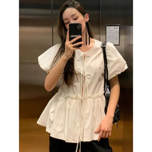 Allmatch Oneck Lace Up Blusas Mujer Summer New Ruched Shirts Y2k Puff Sleeve White Loose Blouses