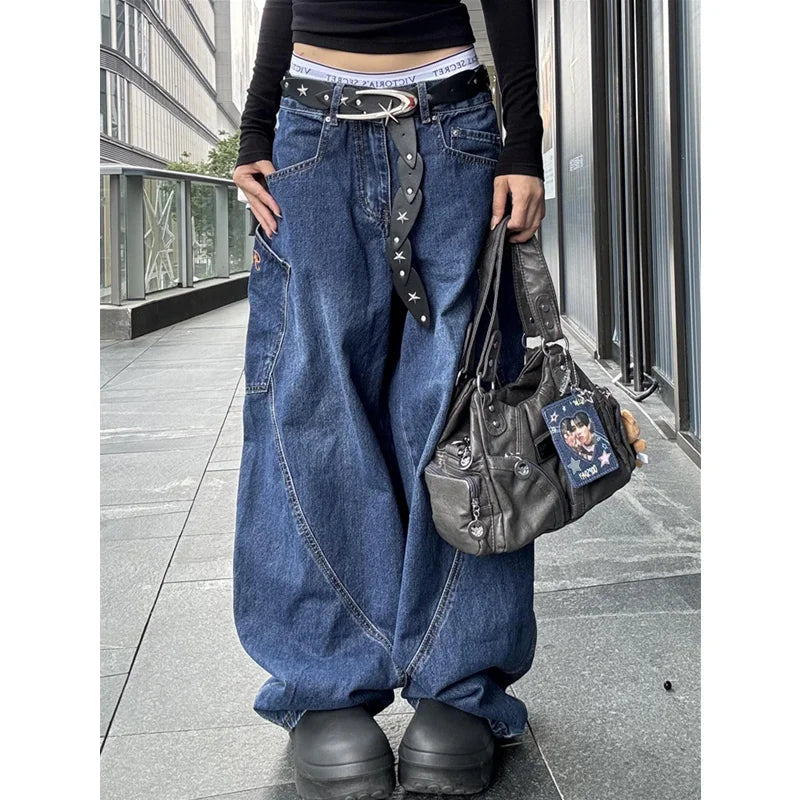 Blue Jeans Hip-hop Y2k Wide Leg Straight Jean High Waist Trouser Baggy Cargo Denim Pants