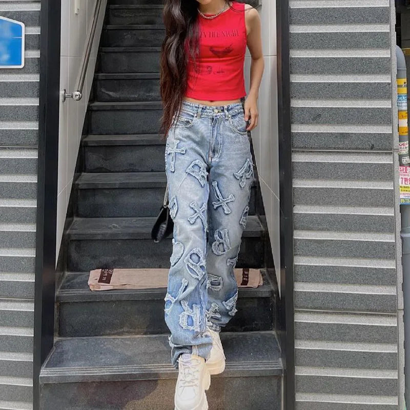 Patchwork Jeans Y2k Baggy Straight Cargo Pants Punk High Waist Wide Leg Denim Trousers 90s