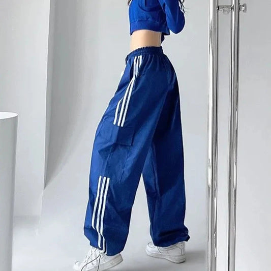 Striped Sweatpants Hip Hop Baggy Wide Leg Cargo Pants Bf Y2k High Waist Drawstring Joggers Trousers