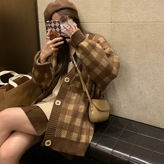 Harajuku Sweet Chessboard Grid Knitted Cardigan Autumn Loose Long Sleeve Sweater Y2k Grunge Single Breasted Cardigans