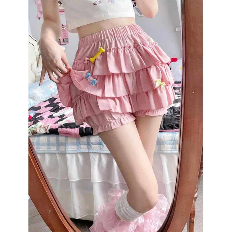 Y2k Sweet Ruffles Mini Skirt Kawaii Lolita Bow a Line Skirts Harajuku Japanese High Waist Pink White Ball Gown Skirt