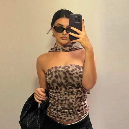 Tulle Leopard Print Top With Bandeau Off-the-shoulder Straight-cut Neckline Summer for Summer Blouse