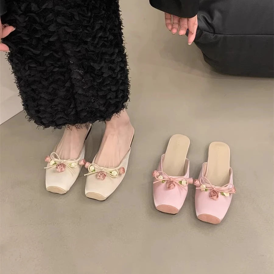 Satin Flower Slippers Summer Nonslip Slide Comfy Light Style Sandals Flat Mule Shoes