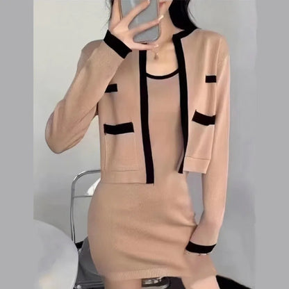 Autumn/winter Small Fragrant Wind Contrast Knitted Cardigan+suspended Tank Top Knitted Dress Ins