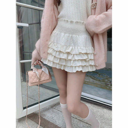 Creamysweet Creamy Girly Skirt With High Waist and Black and White Lace Puffy Cake Skirt