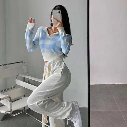 Autumn Winter Knitwear Crop Tops Pullover Sweaters Female Long Sleeve Elastic Plaid Knitted Shirts F4040