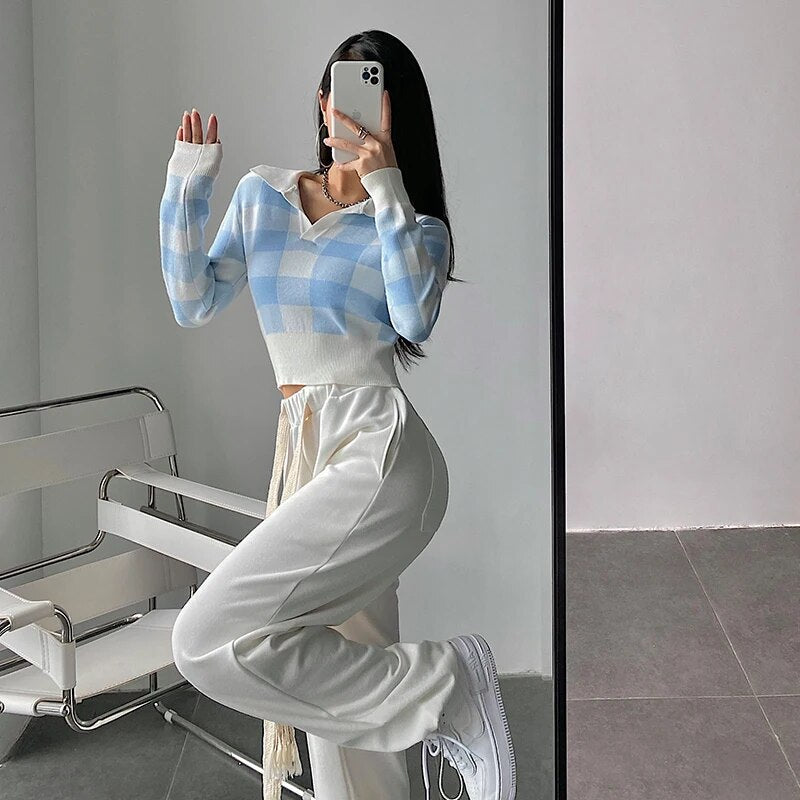 Autumn Winter Knitwear Crop Tops Pullover Sweaters Female Long Sleeve Elastic Plaid Knitted Shirts F4040